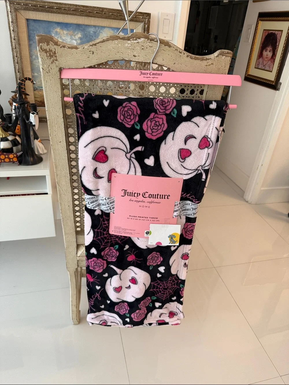 Juicy Couture Halloween Black/Pink/Green Pumpkin/Roses/Webs/Hearts Throw Blanket